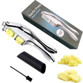 Premium Stainless Steel Garlic and Ginger Press. Walnut Crusher Set,3 in 1 Professional Grade Mincer, Crusher with Brush & Peeler - Easy-Clean, Dishwasher Safe & Soft Handle for Fine Garlic Crushing