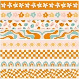 Whaline 82Ft Retro Groovy 70s Bulletin Board Borders Boho Flower Face Sun Rainbow Checkered Decoration Trim Border Orange Green Boho Bulletin Board Stickers for School Classroom Office Party Decor