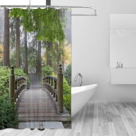 Shower Curtain Garden Bridge Scene Waterproof Moistureproof Trees Outdoor Landscape Bathroom Bath Curtains Decoration 183x183cm