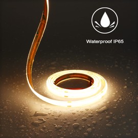 TOPAI 24V COB LED Strip 32.8ft Warm White 3000K Outdoor Waterproof CRI>93 Self Adhesive Uniform Dotless 384LEDs/M Cuttable Flexible for Cabinet Home Office DIY Lighting Projects