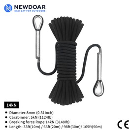 NewDoar 14KN Static Climbing Rope 8mm(5/16in) Accessory Cord Equipment 33FT(10M) 66FT(20M) 98FT(30M) 165FT(50M) Escape Rope with 2 Carabiners for Ice Climbing Equipment Fire Rescue Rope-Black/30M