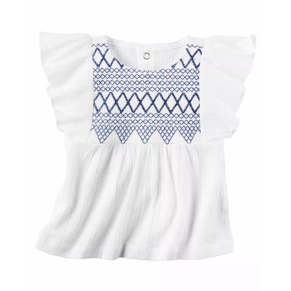Carter's Girl's Embroidered Flutter-Sleeve Crinkle Top; White/Blue (3 Months)