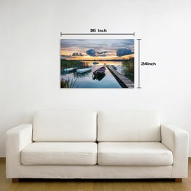 Dream Land Lake Boat Landscape Artwork: Rustic Reed Water Wall Art Long Bridge Sunset Canvas Picture for Bedroom
