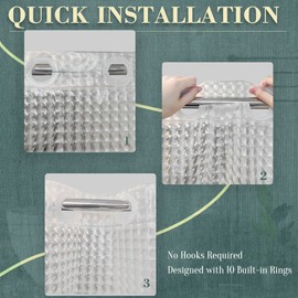 ABLUEN No Hook Shower Curtain or Liner - 8G Heavy Duty Grid Bathroom Shower Curtain No Hooks Required, Waterproof Plastic & PVC Free, Standard Size 71 x 74, Square