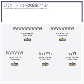 Swpeet 150Pcs 5 Sizes Compression Springs Assortment Kit, Mini Stainless Steel Extension Springs for Shop and Home Repairs, 0.39" to 1.97" Length, 0.24" OD, 10mm - 50mm Length, 6mm OD