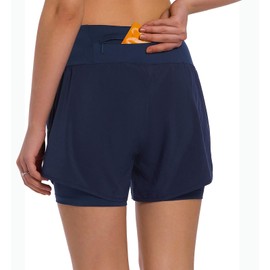 Ksmien Pantalones cortos 2 en 1 para mujer, ligeros, deportivos, para entrenamiento, gimnasio, yoga, forro con bolsillos para teléfono, Azul marino, XXL