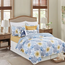 C&F Home Monterey Mist 3 Piece White Blue and Gold Coral Pattern Full/Queen Quilt Set Quilt and Sham Bedding Set Full/Queen 3 Piece Set White