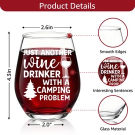 TOUNER Just Another With A Camping Problem Stemless Wine Glass, Funny Camping Quotes Wine Glass Gifts for Women Men Outdoors Camp Lover, Birthday Gifts for Women Men Adventure Lover Hikers & Explorers