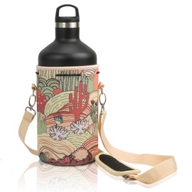 Made Easy Kit Neoprene Water Bottle Carrier Holder with Adjustable Shoulder Strap for Insulating & Carrying Water Container Canteen Flask Available in 5 Sizes (Desert Khaki Cactus, XL (64oz))