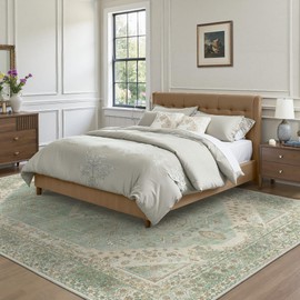 GENIMO Washable Area Rug 8x10 Boho Vintage Design for Living Room, Low Pile Lightweight Soft Print Non-Slip Rug for Kitchen Bedroom Office Large Rugs, Green