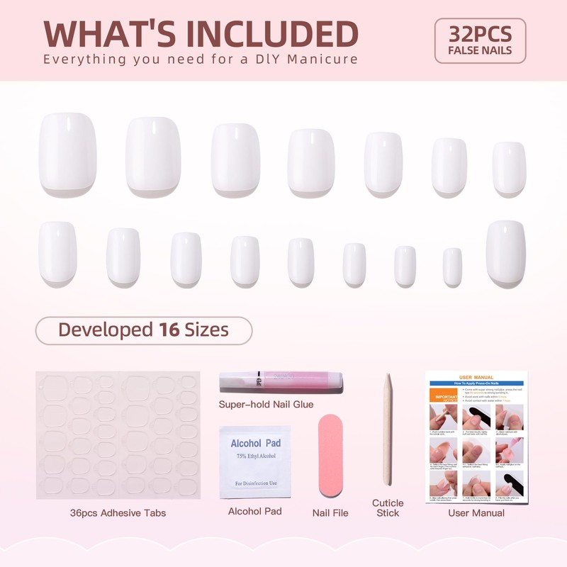 Hrnsnails White Press On Nails, Short Square Glue On Nails