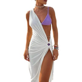 LuFeng Women's Sexy Summer One Shoulder Sleeveless O-Ring Hollow Out Ruched High Slit Irregular Hem Y2K Midi Dress White