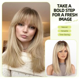 RSY Ombre Blonde Straight Human Hair Wigs for Women, Shoulder Length and Layered Real Hair Wig with Bangs for Daily Party Use