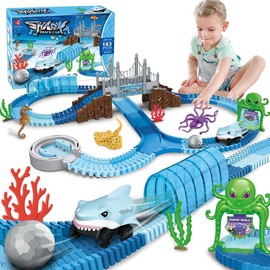 VATOS Shark Track Toy Set 183 Pcs for Boys & Girls 3-9 Years with Shark Racing Car, Ball, Starfish, Seahorse, Octopus, and More Ocean Theme