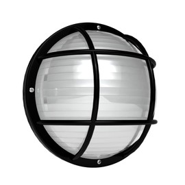 KastLite Round Outdoor LED Bulkhead Light Fixture, 9.5W 4000K Energy Star Lamp, 10.25" Rust Resistant Polycarbonate Nautical Lighting for Wet Locations, Porch Patio & Docks - USA Made, Black Grid Cage