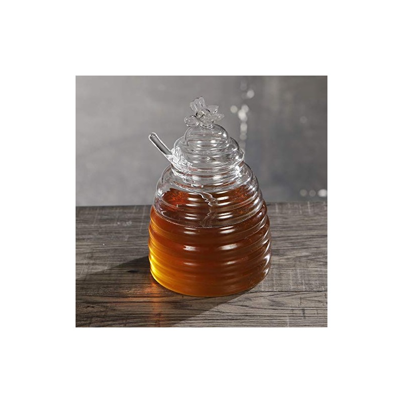 ORNAMI Handmade Glass Honey Pot with Dipper and Lid, 450