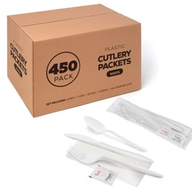 450 Plastic Cutlery Packets - Knife Fork Spoon Napkin Salt Pepper Sets | White Plastic Silverware Sets Individually Wrapped Cutlery Kits, Bulk Plastic Utensil Cutlery Set Disposable To Go Silverware