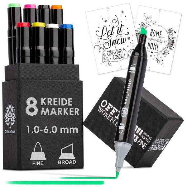 Moritz & Moritz Chalk Pens for Windows, Chalk Paint with Bullet Tip and Chisel Tip, Chalk Markers, Twin Marker in 8 Colours, Wipe-Clean, Includes 2 Colouring Templates