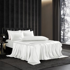 HommxJF 5Pcs White Satin Sheets Set Breathable Luxury Silky Satin Bedding Set with 1 Flat Sheet,1Deep Pocket Fitted Sheet,3Pillowcase