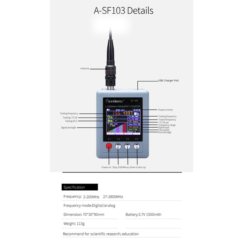Anysecu SF-103 A-SF103 Portable Frequency Counter 2MHz - 2.8GHz for