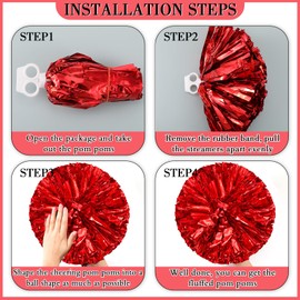 Set of 3 12 Inch Cheerleading Pom Poms and Large Cheerleader Ponytail Bow Holder for Girl Large Metallic Cheerleader Pom Poms for Sports Team Cheering (Red and Black)