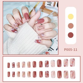 Vezocim Press on Nails Square Medium Length, 24Pcs Brown Artificial Coffin Fake Nails with Flower Designs, Glossy Full Cover Rhinestone Acrylic False Nails with Glue for Women