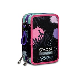 Seven Pencil Case, Multicoloured, Pencil Case for Stationery, Case with Pens, Ballpoint Pens, & More, 3 Compartments, Girls & Boys, School - Primary School, XXL Fantasy Black, Pink/Black, Smoke blue,