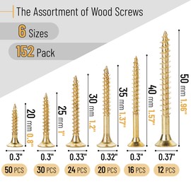 Mr. Pen- Wood Screws Assortment Kit, 152 pcs, Gold, Phillips Tips, Assorted Wood Screws, 6 Sizes (2”, 1-1/2”, 1-1/4”, 1”, 3/4”, 1/2”)
