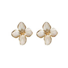 Flower Stud Earrings, White Enamel Petals, Gold Trim