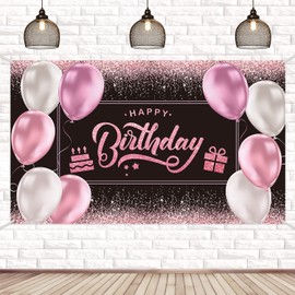 Happy Birthday Backdrop Banner Decorations - Pink Birthday Background Photography Banner Girl, Large Fabric Sign for Birthday Party Decoration Supplies Women, 71 x 43 Inch