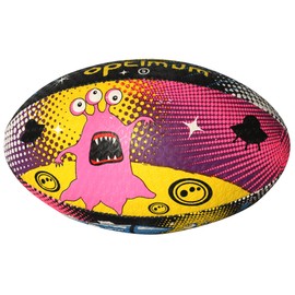 Optimum Rugby Ball - Balanced and Responsive for Accurate Handling and Kicking of Top-Performing Rugby Balls - Perfect for Training and Gameplay - 2-Ply 410g Ball - Space Monsters - Size 4