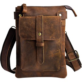 Le'aokuu Mens Genuine Leather Fanny Small Messenger Shoulder Satchel Waist Bag Pack 8711 (8711 A-Dark Brown)