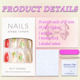 Christmas Press On Holly Winter False Nails - Red Almond Glitter Glossy Glue On Acrylic Nails - 24Pcs