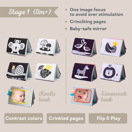 A set of 2 tummy Time Toys High Contrast Baby Book Crinkle Books for Babies Infant Tummy-time Soft Crinkle Activity Book with Huge Baby Safe Mirror, 3D Activities, Textures and a Soft Baby Teether