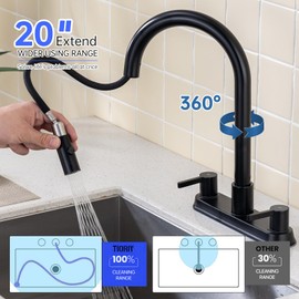 Heouty 2 Handle Kitchen Faucet with Pull Down Sprayer, Matte Black Kitchen Sink Faucet for 3 Hole 8 inch, 360 Degree Swivel Spout with Dual Function, Bathroom Kitchen RV Sink