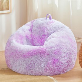 Tie Dye Purple faux fur bean bag chair covers (No Filler), comfy Shaggy Tie Dye Purple bean bag chair Cover for bedroom, stuffed animal Storage, kids adults teens girls bean bag chairs, Anti-Slip