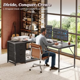 PRAISUN 53" L Shaped Desk with Power Outlets and USB-C Port, Reversible Computer Corner Office Desk with 4 Fabric Drawers and 2 Height-Adjustable Shelves, Large for Gaming Writing Work Study, Grey