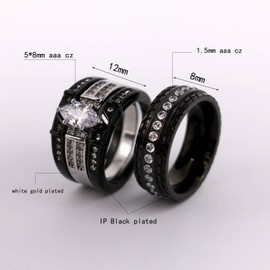ringheart 2 Black Rings His and Hers Ring Couple Rings Marquise cut Cz Womens Wedding Ring Sets Titanium Steel Mens Wedding Bands