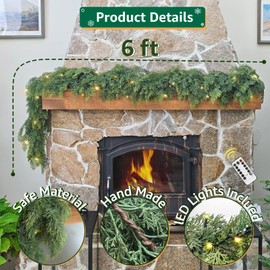 Christmas Cedar Garland with Lights for Mantle - Real Touch 6 Ft Artificial Realistic Faux Pine Garlands for Decoration Outdoor Stairs Railing Fireplace Garland Door Decor