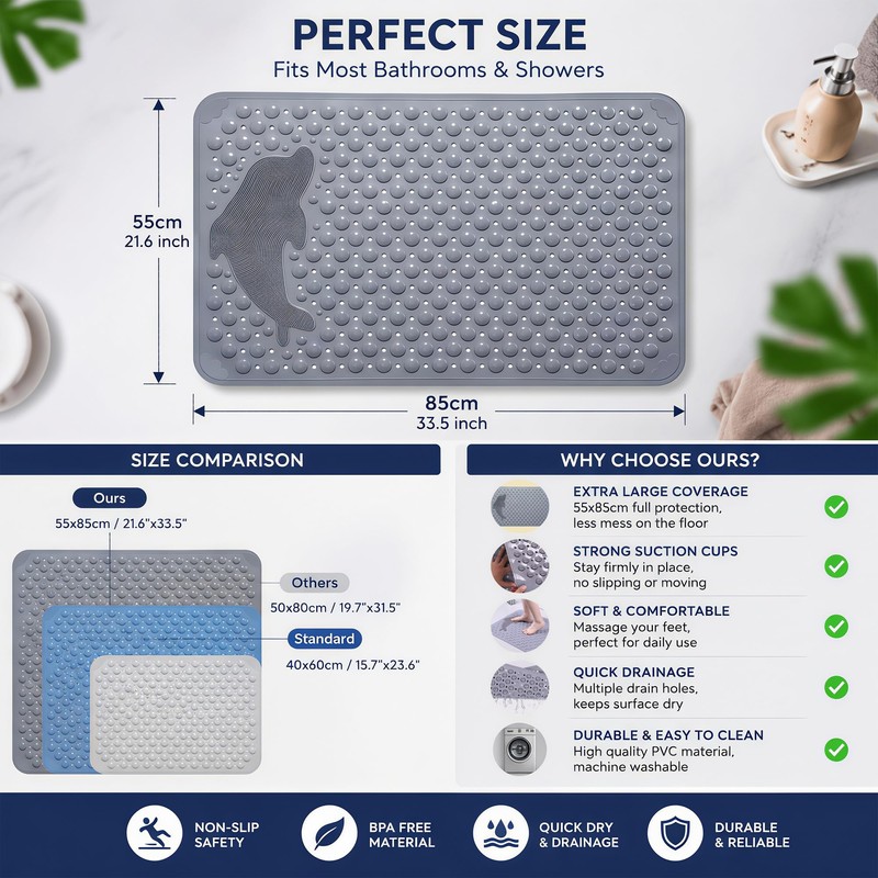 21.6"x33.5" Non Slip Shower Mat with Suction Cups, Drain Holes