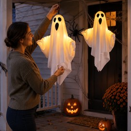 LED Hanging Ghost for Halloween Decor – Light-Up Fabric Horror Prop with Bendable Arms for Home, Porch & Haunted House