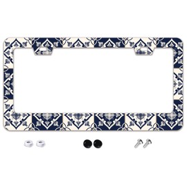 Mexican Tiles Print Boho License Plate Frame Stainless Steel Metal Car Accessories Decoration with Screws License Plate Frame 2 Holes 6.3 x 12.2 Inch for Women Gift