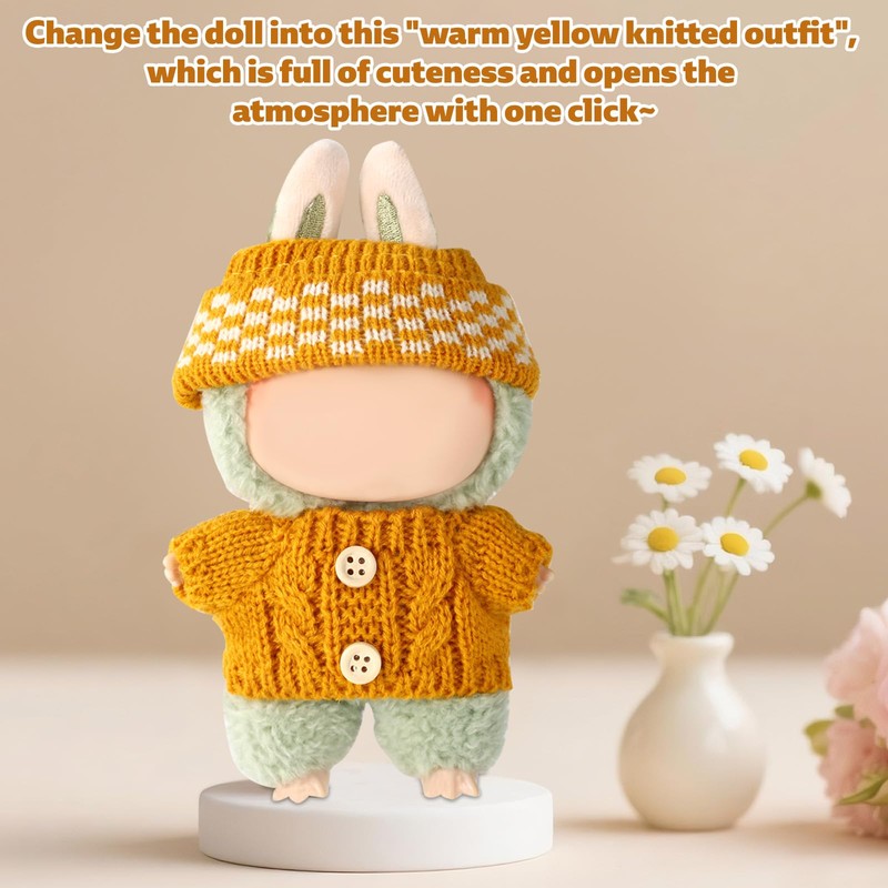 Doll Clothes Set, Handmade Crochet Knitted Button Sweater & Hat