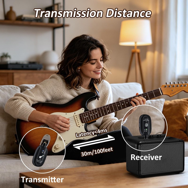 A8 Wireless Guitar Transmitter Receiver System, 2.4GHz Rechargeable, 24-bit/48KHz Audio,
