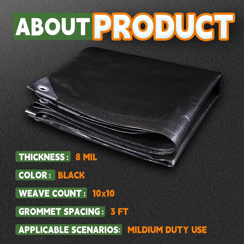 Small Black Tarps 4x4 Feet (2 Pack), UV Resistant, 8