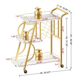 Aubtik Bar Cart, Gold Bar Carts for The Home, Serving Cart with Wine Glass Holder, 3-Tier Drink Carts with Wheels, Rolling Beverage Trolley for Kitchen, Dining, Living Room (Gold & Marbleized White)