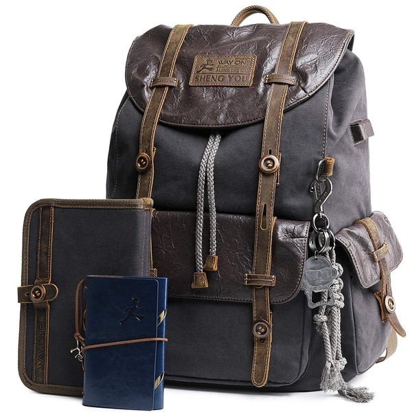 Leather Backpack for Men Canvas Vintage Backpack Waterproof Rucksack Knapsack for Men Hiking Travel Outdoor
