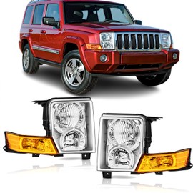 corkiauto Headlights Assembly compatible with 2006 2007 2008 2009 2010 Jeep Commander Driver & Passenger Side Factory Halogen Model, Chrome Housing Amber Side