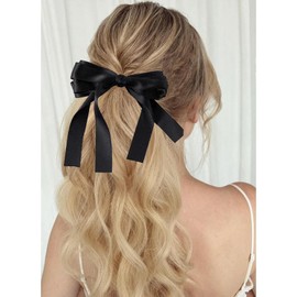 Inateannal Bow Hair Ribbons for Women Large Satin Bow Hair Barrettes Silky Satin Hair Bow Clips Black Bowknot Hair Clip Long Tail Bow Hair Accessories French Hair Ribbon Barrettes Headpieces