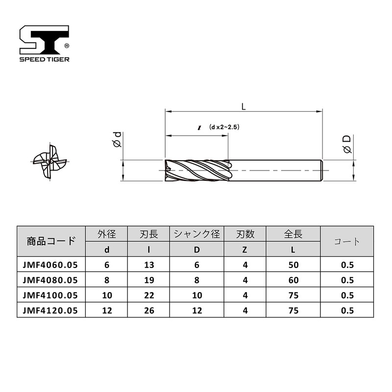 Speed Tiger JMF 4-Blade End Mill, Blade Diameter 0.2 inch